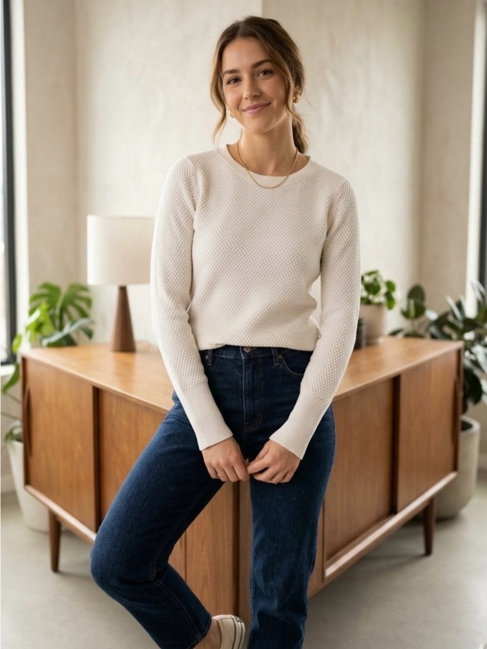 Zara Cream Textured Crewneck Sweater